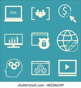 Set Of SEO, Marketing And Advertising Icons On Website Optimization, Display Advertising, Comprehensive Analytics And More. Premium Quality EPS10 Vector Illustration For Mobile, App, UI Design.