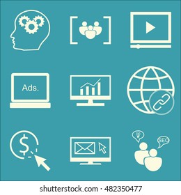 Set Of SEO, Marketing And Advertising Icons On Focus Group, Video Advertising, SEO Consulting And More. Premium Quality EPS10 Vector Illustration For Mobile, App, UI Design.
