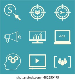 Set Of SEO, Marketing And Advertising Icons On Audience Targeting, Comprehensive Analytics, Viral Marketing And More. Premium Quality EPS10 Vector Illustration For Mobile, App, UI Design.