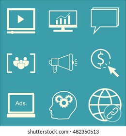 Set Of SEO, Marketing And Advertising Icons On Comprehensive Analytics, Viral Marketing, Display Advertising And More. Premium Quality EPS10 Vector Illustration For Mobile, App, UI Design.