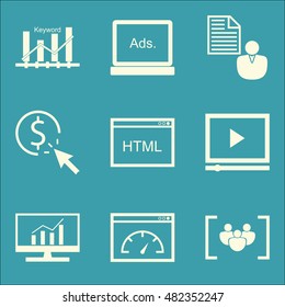 Set Of SEO, Marketing And Advertising Icons On Client Brief, Pay Per Click, Focus Group And More. Premium Quality EPS10 Vector Illustration For Mobile, App, UI Design.