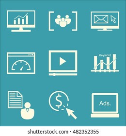 Set Of SEO, Marketing And Advertising Icons On Comprehensive Analytics, Focus Group, Pay Per Click And More. Premium Quality EPS10 Vector Illustration For Mobile, App, UI Design.