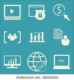 Set Of SEO, Marketing And Advertising Icons On Keyword Ranking, Focus Group, Client Brief And More. Premium Quality EPS10 Vector Illustration For Mobile, App, UI Design.