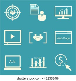Set Of SEO, Marketing And Advertising Icons On Client Brief, Focus Group, Keyword Ranking And More. Premium Quality EPS10 Vector Illustration For Mobile, App, UI Design.
