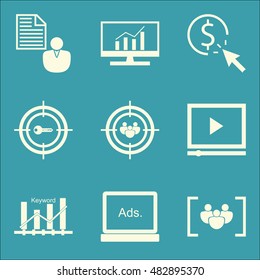 Set Of SEO, Marketing And Advertising Icons On Audience Targeting, Video Advertising, Focus Group And More. Premium Quality EPS10 Vector Illustration For Mobile, App, UI Design.