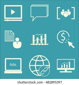 Set Of SEO, Marketing And Advertising Icons On Online Consulting, Pay Per Click, Focus Group And More. Premium Quality EPS10 Vector Illustration For Mobile, App, UI Design.