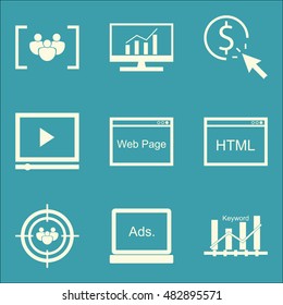 Set Of SEO, Marketing And Advertising Icons On Html Code, Pay Per Click, Focus Group And More. Premium Quality EPS10 Vector Illustration For Mobile, App, UI Design.