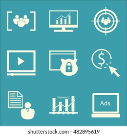 Set Of SEO, Marketing And Advertising Icons On Focus Group, Video Advertising, Audience Targeting And More. Premium Quality EPS10 Vector Illustration For Mobile, App, UI Design.