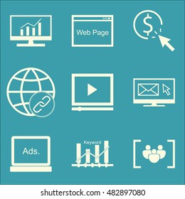 Set Of SEO, Marketing And Advertising Icons On Web Page, Email Marketing, Focus Group And More. Premium Quality EPS10 Vector Illustration For Mobile, App, UI Design.