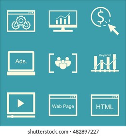 Set Of SEO, Marketing And Advertising Icons On Html Code, Website Optimization, Display Advertising And More. Premium Quality EPS10 Vector Illustration For Mobile, App, UI Design.
