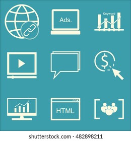 Set Of SEO, Marketing And Advertising Icons On Link Building, Focus Group, Pay Per Click And More. Premium Quality EPS10 Vector Illustration For Mobile, App, UI Design.
