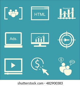Set Of SEO, Marketing And Advertising Icons On Video Advertising, Html Code, Focus Group And More. Premium Quality EPS10 Vector Illustration For Mobile, App, UI Design.