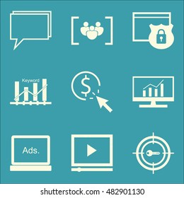 Set Of SEO, Marketing And Advertising Icons On Keyword Ranking, Website Protection, Focus Group And More. Premium Quality EPS10 Vector Illustration For Mobile, App, UI Design.