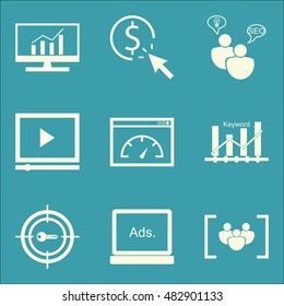 Set Of SEO, Marketing And Advertising Icons On Page Speed, Pay Per Click, Comprehensive Analytics And More. Premium Quality EPS10 Vector Illustration For Mobile, App, UI Design.