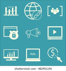 Set Of SEO, Marketing And Advertising Icons On Comprehensive Analytics, Pay Per Click, Link Building And More. Premium Quality EPS10 Vector Illustration For Mobile, App, UI Design.