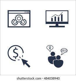 Set Of SEO, Marketing And Advertising Icons On Website Optimization, Pay Per Click, Comprehensive Analytics And More. Premium Quality EPS10 Vector Illustration For Mobile, App, UI Design.