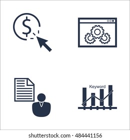 Set Of SEO, Marketing And Advertising Icons On Keyword Ranking, Client Brief, Pay Per Click And More. Premium Quality EPS10 Vector Illustration For Mobile, App, UI Design.