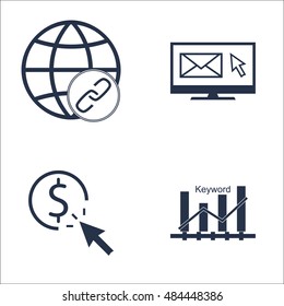 Set Of SEO, Marketing And Advertising Icons On Keyword Ranking, Email Marketing, Link Building And More. Premium Quality EPS10 Vector Illustration For Mobile, App, UI Design.