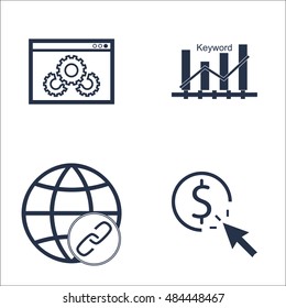 Set Of SEO, Marketing And Advertising Icons On Pay Per Click, Website Optimization, Keyword Ranking And More. Premium Quality EPS10 Vector Illustration For Mobile, App, UI Design.