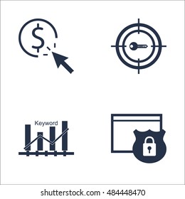Set Of SEO, Marketing And Advertising Icons On Keyword Ranking, Pay Per Click, Website Protection And More. Premium Quality EPS10 Vector Illustration For Mobile, App, UI Design.