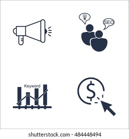 Set Of SEO, Marketing And Advertising Icons On Viral Marketing, Keyword Ranking, SEO Consulting And More. Premium Quality EPS10 Vector Illustration For Mobile, App, UI Design.