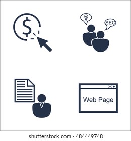 Set Of SEO, Marketing And Advertising Icons On Pay Per Click, SEO Consulting, Web Page And More. Premium Quality EPS10 Vector Illustration For Mobile, App, UI Design.
