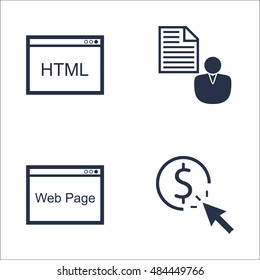 Set Of SEO, Marketing And Advertising Icons On Pay Per Click, Client Brief, HTML Code And More. Premium Quality EPS10 Vector Illustration For Mobile, App, UI Design.