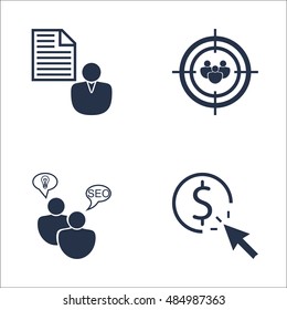 Set Of SEO, Marketing And Advertising Icons On Pay Per Click, SEO Consulting, Client Brief And More. Premium Quality EPS10 Vector Illustration For Mobile, App, UI Design.
