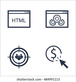Set Of SEO, Marketing And Advertising Icons On Website Optimization, HTML Code, Pay Per Click And More. Premium Quality EPS10 Vector Illustration For Mobile, App, UI Design.