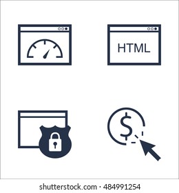 Set Of SEO, Marketing And Advertising Icons On Pay Per Click, Website Protection, Page Speed And More. Premium Quality EPS10 Vector Illustration For Mobile, App, UI Design.