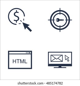Set Of SEO, Marketing And Advertising Icons On Email Marketing, Pay Per Click, HTML Code And More. Premium Quality EPS10 Vector Illustration For Mobile, App, UI Design.