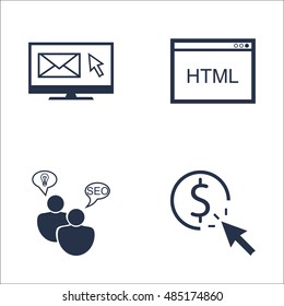 Set Of SEO, Marketing And Advertising Icons On HTML Code, SEO Consulting, Pay Per Click And More. Premium Quality EPS10 Vector Illustration For Mobile, App, UI Design.