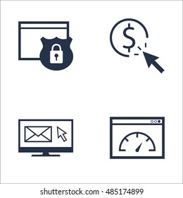 Set Of SEO, Marketing And Advertising Icons On Website Protection, Email Marketing, Pay Per Click And More. Premium Quality EPS10 Vector Illustration For Mobile, App, UI Design.