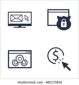 Set Of SEO, Marketing And Advertising Icons On Website Protection, Email Marketing, Website Optimization And More. Premium Quality EPS10 Vector Illustration For Mobile, App, UI Design.