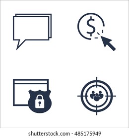 Set Of SEO, Marketing And Advertising Icons On Audience Targeting, Website Protection, Pay Per Click And More. Premium Quality EPS10 Vector Illustration For Mobile, App, UI Design.