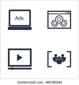 Set Of SEO, Marketing And Advertising Icons On Focus Group, Website Optimization, Display Advertising And More. Premium Quality EPS10 Vector Illustration For Mobile, App, UI Design.