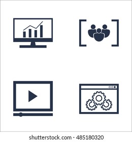 Set Of SEO, Marketing And Advertising Icons On Video Advertising, Focus Group, Comprehensive Analytics And More. Premium Quality EPS10 Vector Illustration For Mobile, App, UI Design.