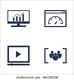 Set Of SEO, Marketing And Advertising Icons On Page Speed, Video Advertising, Focus Group And More. Premium Quality EPS10 Vector Illustration For Mobile, App, UI Design.