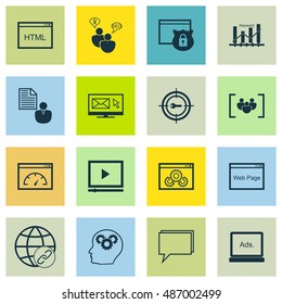 Set Of SEO, Marketing And Advertising Icons On Website Protection, Optimization, Keyword Ranking And More. Premium Quality EPS10 Vector Illustration For Mobile, App, UI Design.