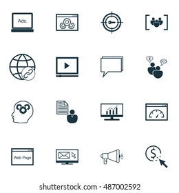 Set Of SEO, Marketing And Advertising Icons On Link Building, Target Keywords, Comprehensive Analytics And More. Premium Quality EPS10 Vector Illustration For Mobile, App, UI Design.