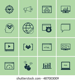 Set Of SEO, Marketing And Advertising Icons On Audience Targeting, HTML Code, Comprehensive Analytics And More. Premium Quality EPS10 Vector Illustration For Mobile, App, UI Design.