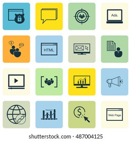 Set Of SEO, Marketing And Advertising Icons On Client Brief, Focus Group, Audience Targeting And More. Premium Quality EPS10 Vector Illustration For Mobile, App, UI Design.