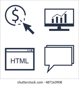 Set Of SEO, Marketing And Advertising Icons On Online Consulting, Pay Per Click, Comprehensive Analytics And More. Premium Quality EPS10 Vector Illustration For Mobile, App, UI Design.