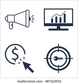 Set Of SEO, Marketing And Advertising Icons On Target Keywords, Viral Marketing, Pay Per Click And More. Premium Quality EPS10 Vector Illustration For Mobile, App, UI Design.