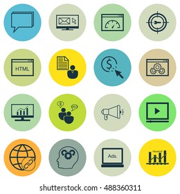 Set Of SEO, Marketing And Advertising Icons On Page Speed, HTML Code, Video Advertising And More. Premium Quality EPS10 Vector Illustration For Mobile, App, UI Design.