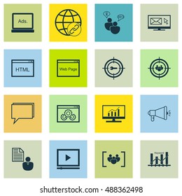 Set Of SEO, Marketing And Advertising Icons On Web Page, Viral Marketing, Comprehensive Analytics And More. Premium Quality EPS10 Vector Illustration For Mobile, App, UI Design.