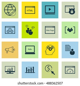 Set Of SEO, Marketing And Advertising Icons On Focus Group, Pay Per Click, Link Building And More. Premium Quality EPS10 Vector Illustration For Mobile, App, UI Design.