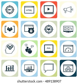 Set Of SEO, Marketing And Advertising Icons On Display Advertising, Target Keywords, Website Optimization And More. Premium Quality EPS10 Vector Illustration For Mobile, App, UI Design.