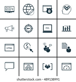 Set Of SEO, Marketing And Advertising Icons On Target Keywords, Focus Group, Display Advertising And More. Premium Quality EPS10 Vector Illustration For Mobile, App, UI Design.