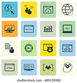 Set Of SEO, Marketing And Advertising Icons On HTML Code, Audience Targeting, Client Brief And More. Premium Quality EPS10 Vector Illustration For Mobile, App, UI Design.